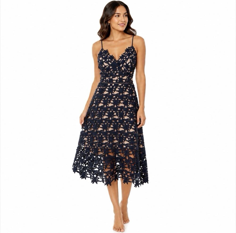 City Chic Dress Women's XS US 14 Navy Floral Lace Fit & Flare Midi Cocktail